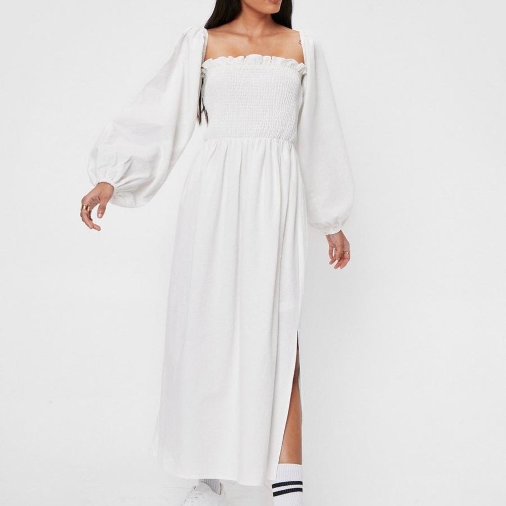 Nasty Gal linen puff sleeve midi dress in BLACK